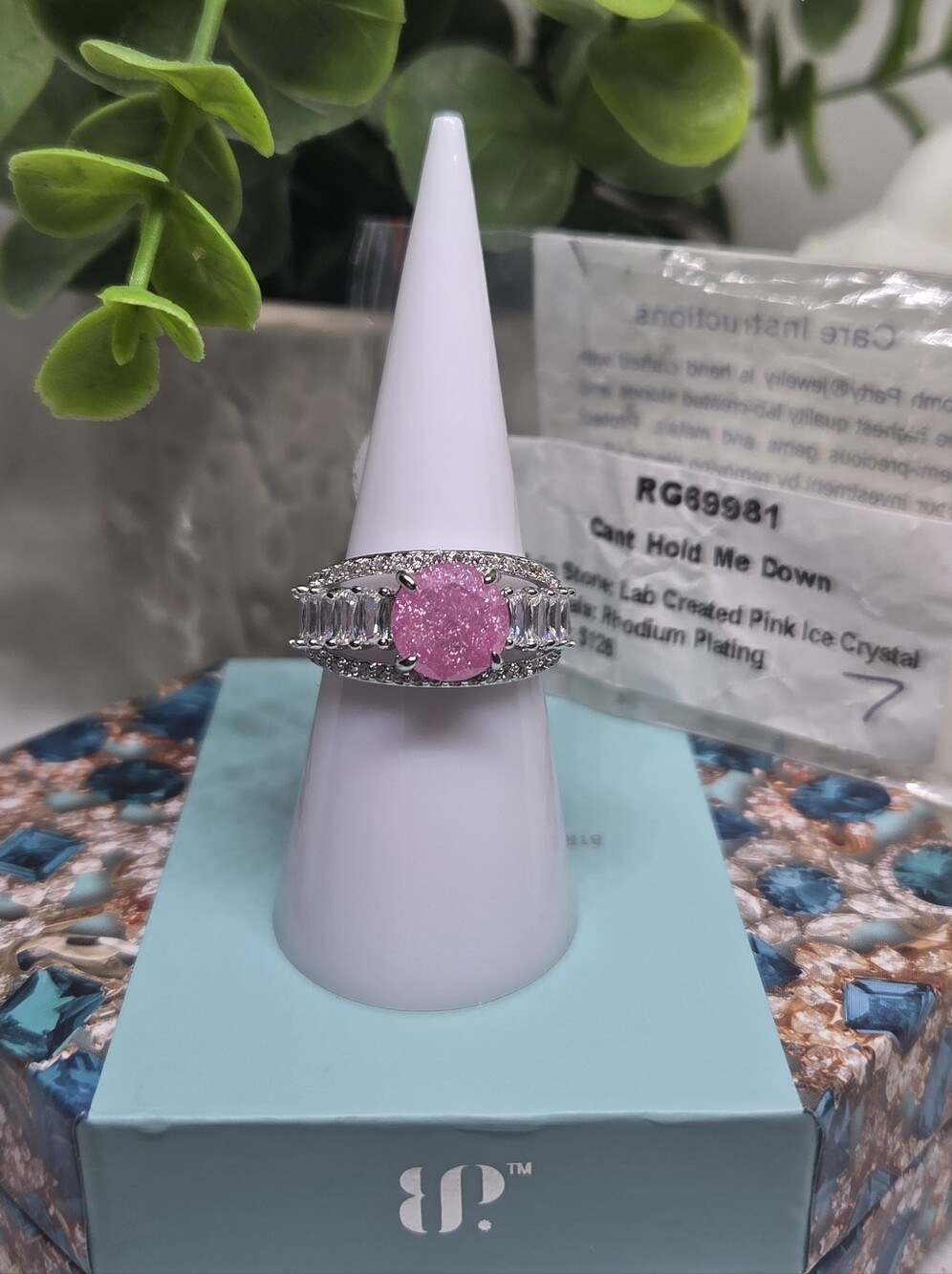 BP Pink Oval Crystal Ring with Silver Band - "Can't Hold Me Down"
